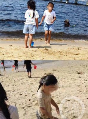 바닷물에 들어갔다 나온 아이. [이미지출처=중국 SNS 웨이보·연합뉴스]