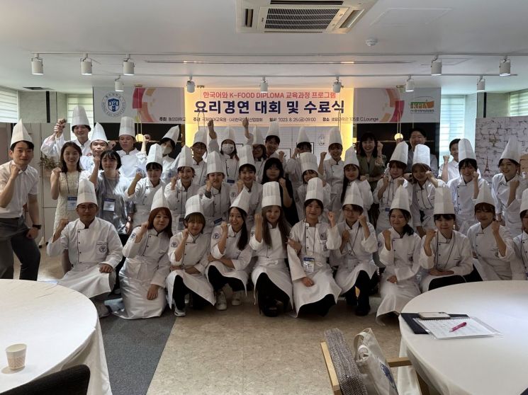 Các sinh viên từ các trường đại học liên kết của Đại học Dongeui đang chụp ảnh nhóm sau khi hoàn thành khóa học K-food.
