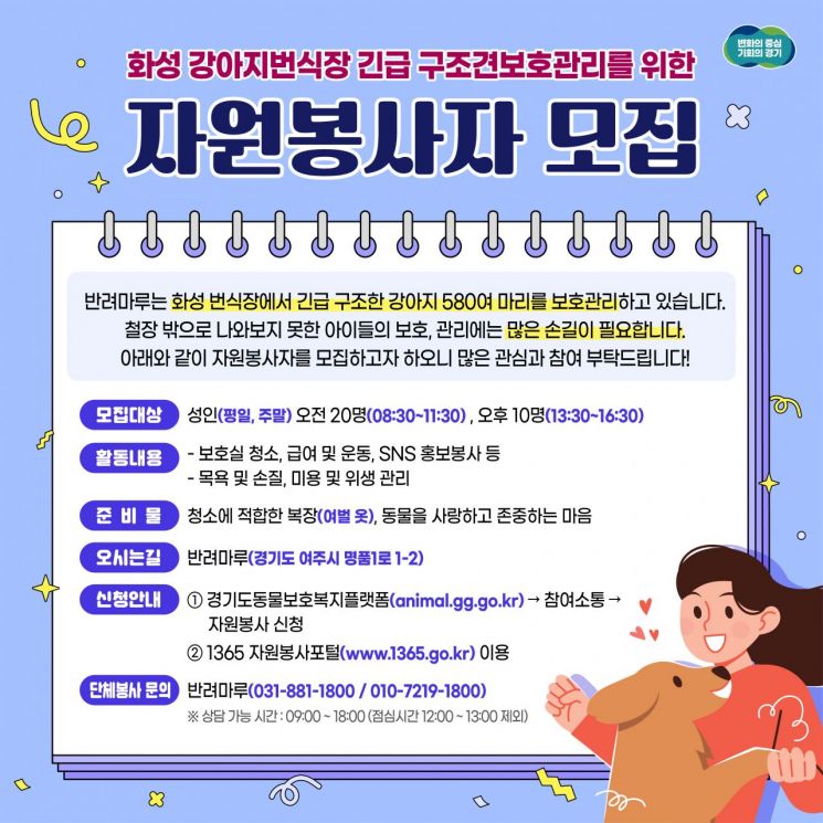 경기도 화성 강아지 번식장 긴급 구조견 돌볼 자원봉사자 모집 안내 포스터