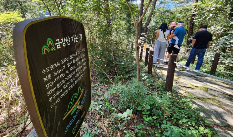 금강산 가는길, 생태탐방로를 걷고 있는 여행객들