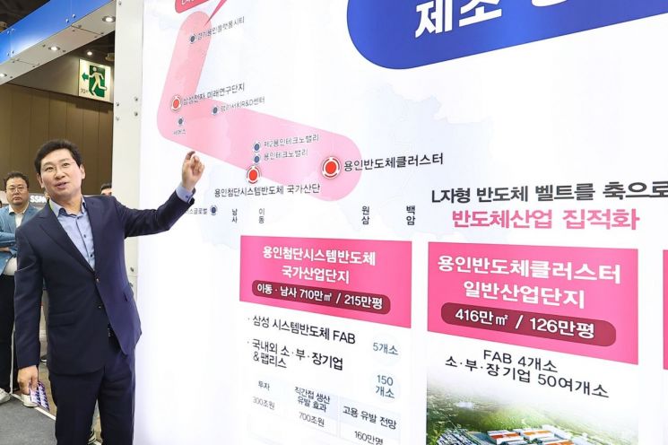 이상일 용인시장이 '2023 월드 스마트시티 엑스포' 내 용인시 공동 홍보관에서 용인 L자형 반도체 벨트 구상을 설명하고 있다. [사진제공=용인시]