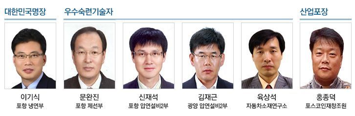 Five POSCO employees selected as Korea's master craftsmen and excellent skilled technicians, and Deputy General Manager Hong Jong-deok of POSCO Human Resources Innovation Center, who received the Industrial Service Medal