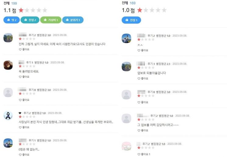 가해 학부모가 운영하는 것으로 알려진 사업장에 낮은 별점 후기가 이어지고 있다 [사진출처=연합뉴스]