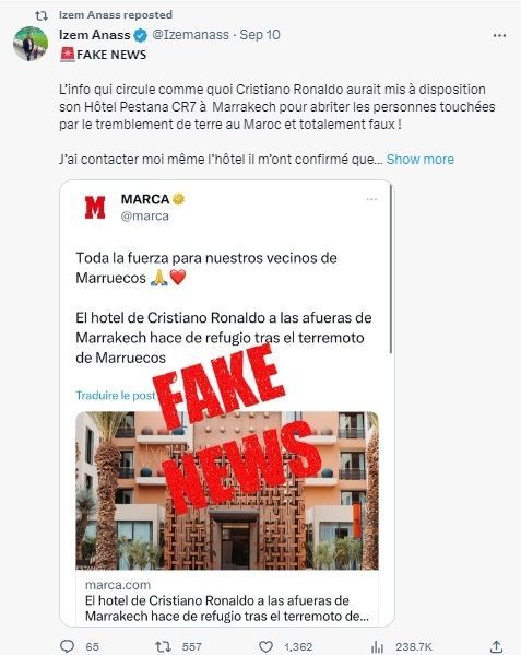 호날두가 이재민 호텔 제공?… 가짜뉴스에 두 번 우는 모로코