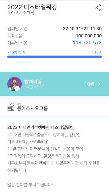 동아쏘시오홀딩스가 진행한 걸음으로 참여하는 건강한 기부 ‘:D-Style Walking(디스타일 워킹)’ 결과