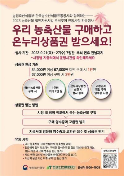 전통시장서 농축수산물 사면 최대 2만원 온누리상품권 준다