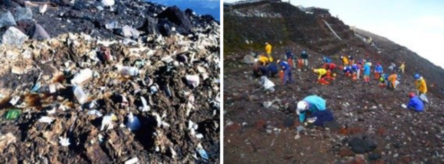 쓰레기가 널린 후지산(왼쪽), 미화 작업 후 모습 [이미지출처=일본 환경성]