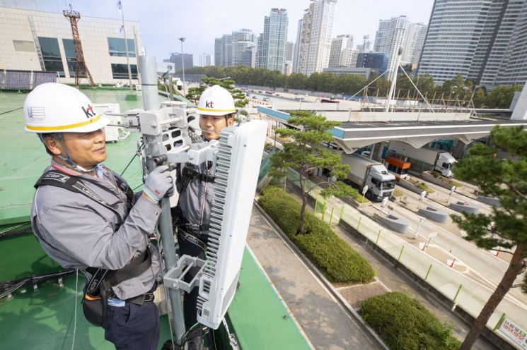 KT 네트워크 직원들이 서울 톨게이트 인근에 있는 통신 기지국의 사전 품질 점검을 진행하고 있는 모습. [사진제공=KT]