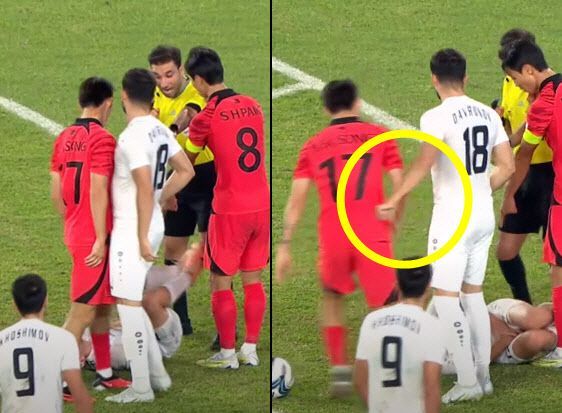 심판이 다른 곳을 보는 사이 송민규 선수의 등을 가격하는 우즈베키스탄 선수. [이미지출처=온라인 커뮤니티]
