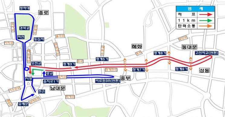 8일 서울 도심권에서 열리는 '2023 서울달리기 대회'와 관련한 교통통제 예정 상황.[자료제공=서울경찰청]