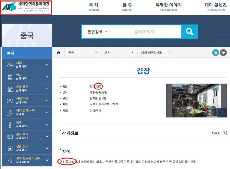 교육부 산하 연구개발(R&D) 기관인 한국학중앙연구원이 편찬한 '세계한민족문화대전'에 김치의 중국어 표기가 '파오차이'(泡菜)로 돼 있다. [사진 제공=정경희 의원실]