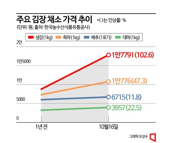 '배추 한포기가 6700원' 생강·대파값도 껑충..김장 초비상