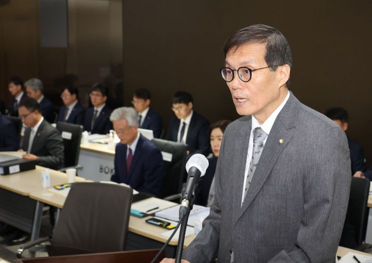 23일 서울 중국 한국은행에서 열린 국회 기획재정위원회 한국은행 국정감사에서 이창용 총재가 인사말을 하고 있다. [이미지출처=연합뉴스]