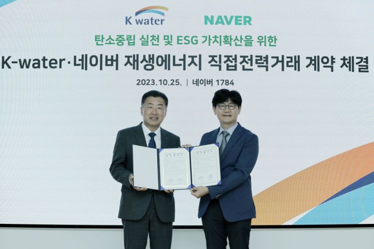 25일 경기도 성남시에 위치한 네이버 1784에서 네이버와 한국수자원공사가 수력발전 재셍에너지 공급 PPA를 체결했다. [사진제공=네이버]