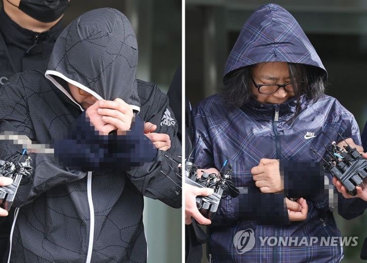 서울 강남 40대 여성 납치·살해 사건의 배후로 지목된 재력가 부부 유상원, 황은희가 지난 4월 13일 오전 서울 수서경찰서에서 검찰로 송치되고 있다