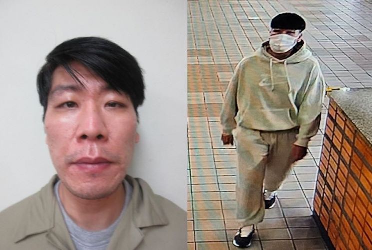 수배 중인 특수강도 피의자 김길수(36)의 사진. 왼쪽은 이달 2일 서울구치소 입소 당시 모습. 오른쪽은 4일 오후 4시 44분께 포착된 모습. [사진출처=연합뉴스]