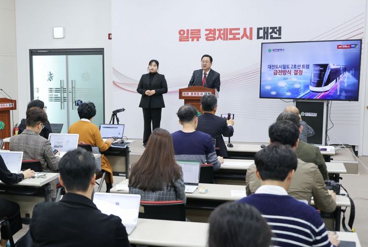 이장우 대전시장이 7일 대전시청에서 대전도시철도 2호선 건설계획을 확정 발표하고 있다. 대전시 제공