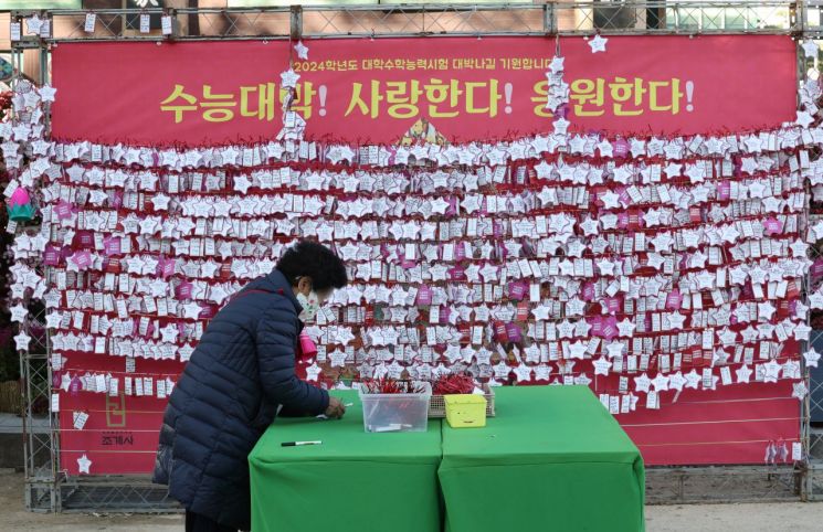서울 종로구 조계사 대웅전 앞에 마련된 수능 응원 부스에서 시민들이 응원의 메시지를 적고 있다. [이미지출처=연합뉴스]