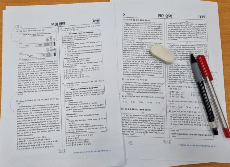 一名少年解答过的英语历年真题试卷上，密密麻麻写满了解题痕迹，与红色的圈画交织在一起。/照片=记者 Hwang Seoyul chestnut@