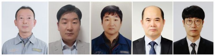 (왼쪽부터)절삭가공 김종규 명장, 선박건조 김창식 명장, 판금·제관 이규동 명장, 용접 하진용 명장, 소방방재 김선우 명장.