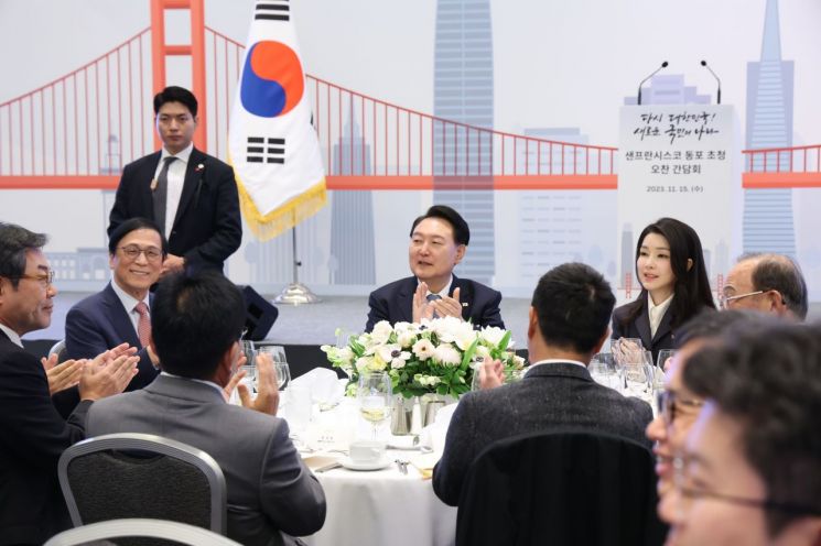 아시아태평양경제협력체(APEC) 정상회의 참석차 미국을 방문한 윤석열 대통령과 부인 김건희 여사가 15일(현지시간) 샌프란시스코 시내 한 호텔에서 열린 동포 오찬 간담회에서 박수치고 있다. [이미지출처=연합뉴스]