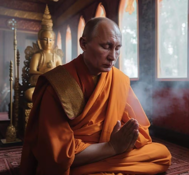 인공지능(AI)을 이용하여 블라디미르 푸틴 러시아 대통령이 예불하는 모습을 담은 가짜 사진을 만든 모습. 해당 사진은 푸틴 대통령이 불교로 개종했다는 가짜뉴스를 퍼트리기도 했다. [사진=페이스북 갈무리]