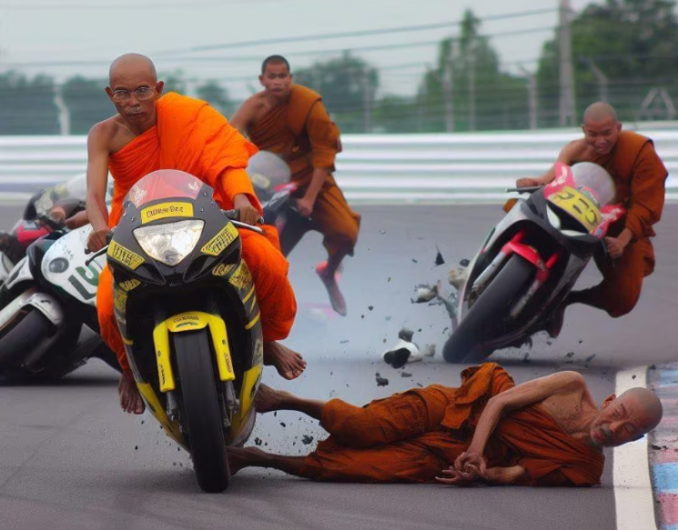 인공지능(AI)을 이용하여 태국 승려들이 오토바이 경주를 하는 모습을 만들어낸 가짜 사진. [사진=페이스북 갈무리]