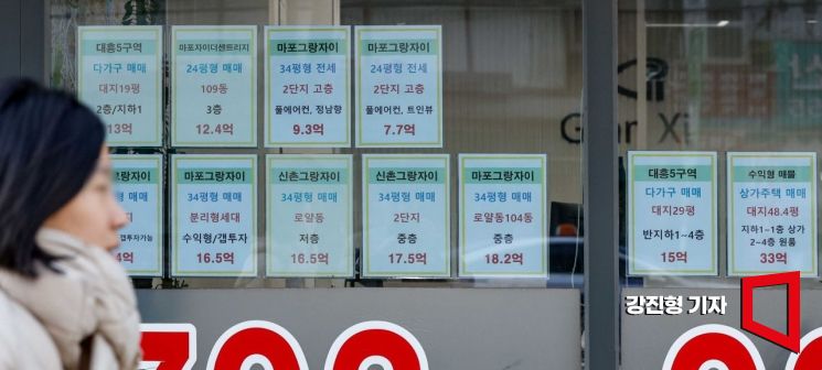 지난 21일 서울 한 아파트 단지 부동산에 매매와 전세 시세가 붙어 있다. 사진=강진형 기자aymsdream@