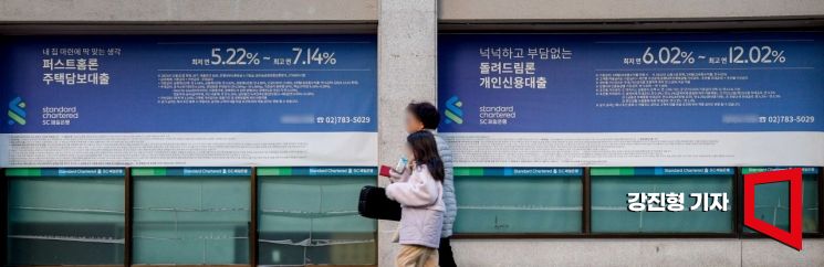 지난 21일 서울 한 시중은행에 개인 신용대출과 주택담보대출 금리 안내문이 붙어 있다. 사진=강진형 기자aymsdream@