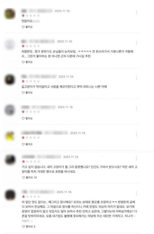 해당 카페 리뷰창에는 애묘인들의 별점테러가 이어지고 있다. [사진=카카오맵 캡쳐]