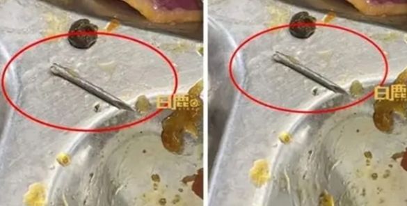 중국 상하이 명문 대학인 자오퉁 대학(交通大?)의 학생 식당 식판에서 약 1.5cm 길이의 두꺼운 철심이 나온 모습. [사진=웨이보 갈무리]