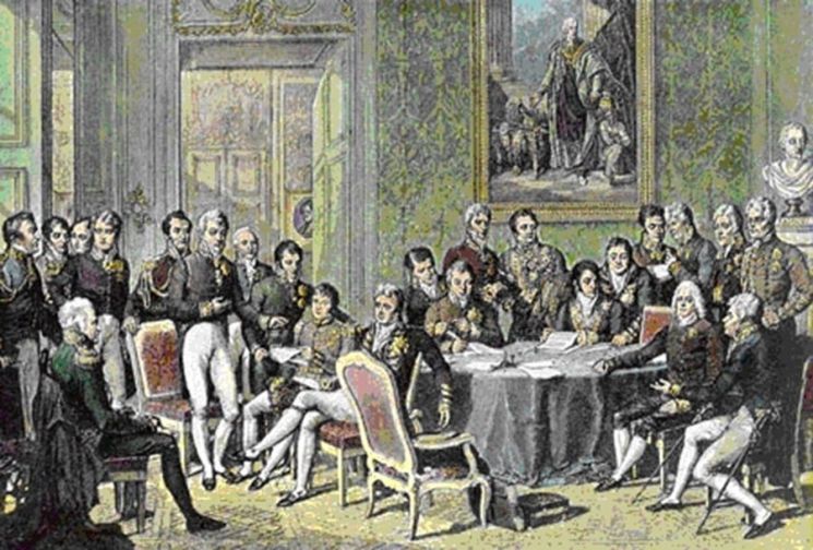 A painting depicting the scene of the Congress of Vienna held in September 1814, which aimed to resolve the chaos of the Napoleonic Wars and avoid another large-scale war through balance of power and stability.