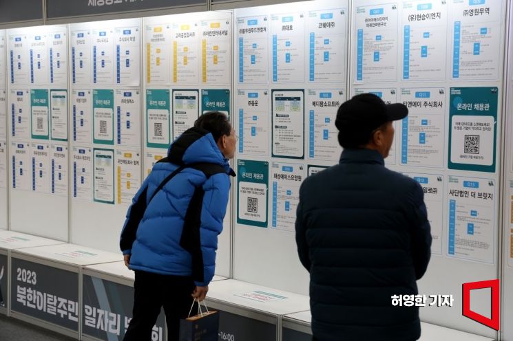 2023년 12월 서울 코엑스에서 열린 북한이탈주민 일자리박람회에서 참석자들이 채용공고 게시판을 살피고 있다. [사진=아시아경제]