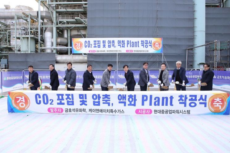 금호석유화학 관계자들이 지난해 12월 1일 전남 여수제2에너지 사업장에서 이산화탄소 포집 및 활용(CCUS) 사업의 핵심 설비인 CO₂ 포집 및 액화 플랜트의 착공식 행사를 진행하고 있다. 사진=금호석유화학
