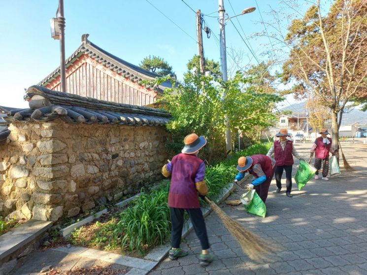경주에서 노인들이 문화재 주변 환경정비 사업에 참여하고 있다.