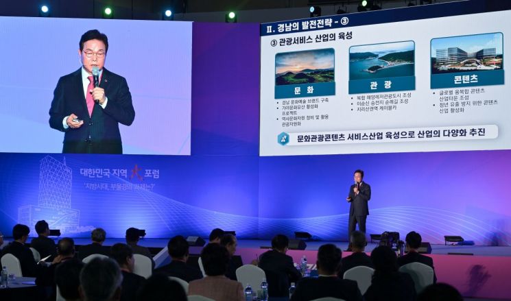 박완수 경남도지사가 2023 대한민국 지역大포럼에서 경남 발전전략에 대해 설명하고 있다. [사진제공=경남도청]