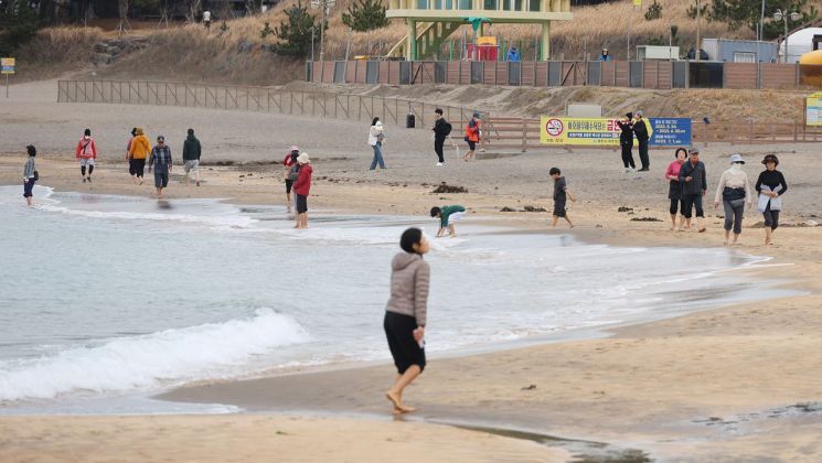 20도를 웃도는 포근한 날씨가 이어진 10일 제주 이호해수욕장에서 많은 사람이 바닷가 백사장을 맨발로 걷고 있다.[사진출처=연합뉴스]