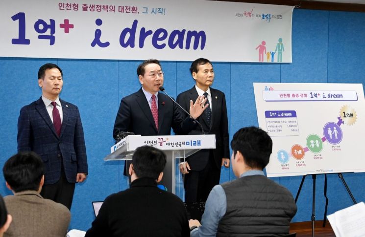 1억 플러스 아이드림 정책 발표하는 유정복 인천시장.[사진=인천시]