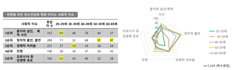 20대는 묻지마 흉기 난동, 30대는 경기침체, 50~60대는 정치 이슈로 큰 스트레스를 받는 것으로 나타났다(자료=유현재 서강대학교 신문방송학과 교수)