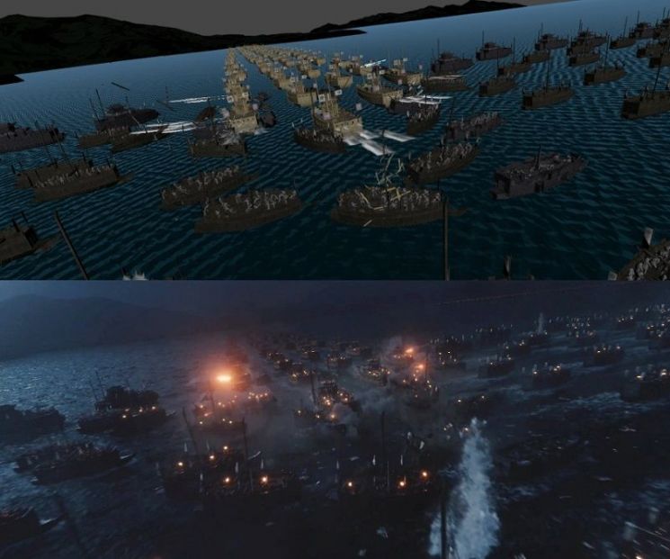 电影《露梁：死亡之海》中使用的视觉效果（VFX·visual effects）。上为 Before，下为 After。M83 提供