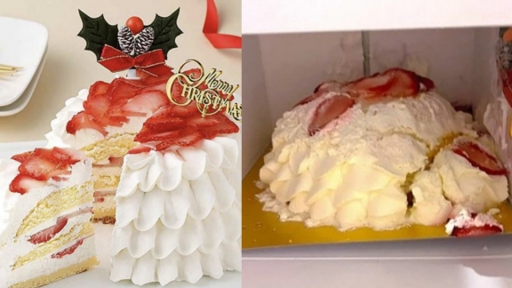 파손된 상태에서 배송된 일본 다카시야마 백화점의 딸기 케이크. [사진=X(옛 트위터) 갈무리]