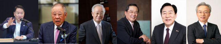(왼쪽부터)최태원 대한상공회의소 회장, 류진 한국경제인협회 회장, 손경식 한국경영자총협회 회장, 구자열 한국무역협회 회장, 김기문 중소기업중앙회 회장, 최진식 한국중견기업연합회 회장.