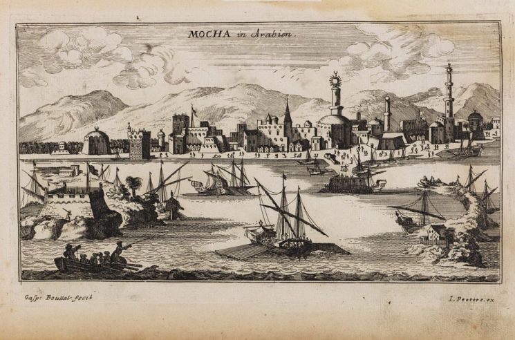 A 17th-century illustration depicting the port of Mocha, a major harbor near the Bab al-Mandab Strait.