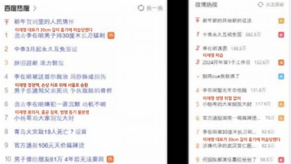 중국 SNS 및 온라인 커뮤니티에서 '이재명 피습'과 관련된 내용이 검색어 상위권에 올라있는 모습. [사진=바이두, 웨이보 갈무리]