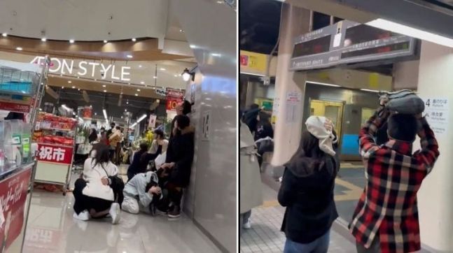 일본에서 지난 1일 지진이 발생하자 시민들이 손이나 가방으로 머리를 보호하고 대피하는 모습.[사진출처=엑스]