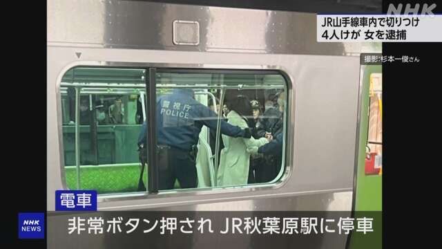 경찰에게 체포된 JR야마노테선 흉기난동 용의자.(사진출처=NHK)