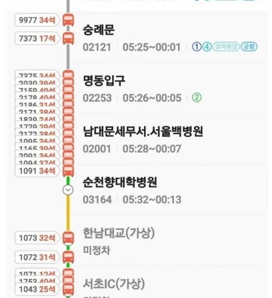 지난 3일 밤 11시께 서울역~명동입구 구간에 정체된 버스 현황 [사진출처=온라인 커뮤니티]