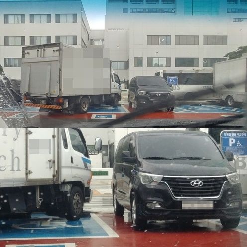 한 병원 장애인 주차장에 불법 주차된 드라마 촬영 차량. [사진=온라인 커뮤니티 갈무리]