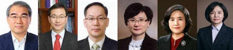 왼쪽부터 조한창 법무법인 도울 변호사, 박영재 법원행정처 차장, 엄상필 서울고법 부장판사, 박순영 서울고법 판사, 신숙희 양형위원회 상임위원(고법판사), 이숙연 특허법원 고법판사. 사진 제공=대법원.