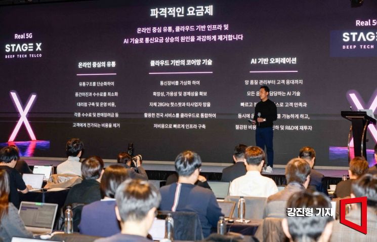 서상원 스테이지엑스 대표가 7일 서울 여의도 페어몬트 앰배서더 서울에서 열린 '스테이지엑스 미디어데이'에 참석해 28GHz 통신 사업 전략을 소개하고 있다. 사진=강진형 기자aymsdream@